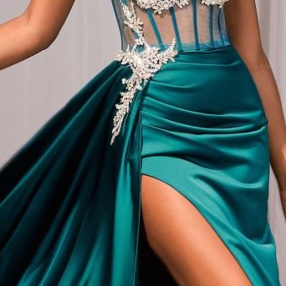 CLEARANCE - Long Strapless Formal Dress Satin Rhinestone Pleated Bodice (Size S, L)